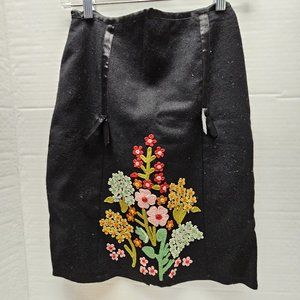 Persaman New York Embroidered 3D Black Wool Flower Floral Skirt Lined 2